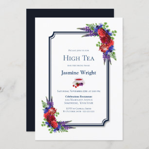 Navy Blue Burgundy Floral Bridal High Tea Invitation
