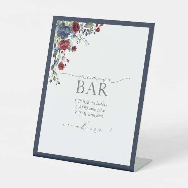Navy Blue Burgundy Floral Bridal Shower Mimosa Bar Pedestal Sign (Front)