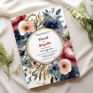 Navy blue burgundy floral country chic Wedding Invitation