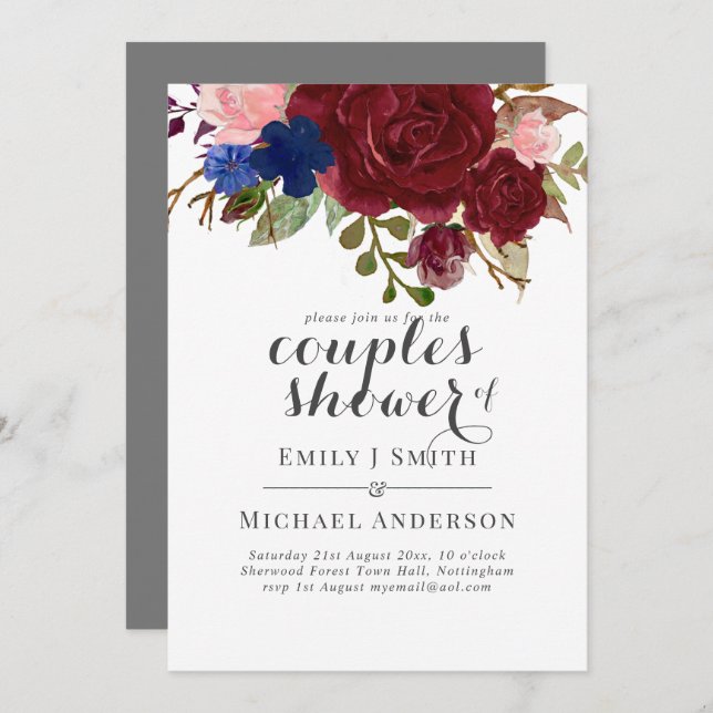 Navy Blue Burgundy Floral Couples Shower Invitation (Front/Back)