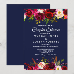 Navy Blue Burgundy Floral Couples Shower Invite