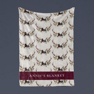 Navy blue burgundy floral elegant antler elegant a fleece blanket