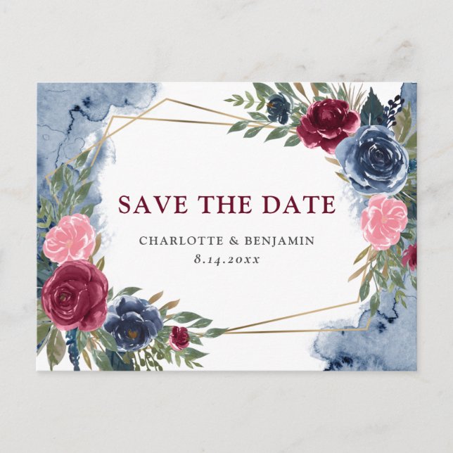 Navy Blue Burgundy Floral Geometric Save The Date  Announcement Postcard (Front)