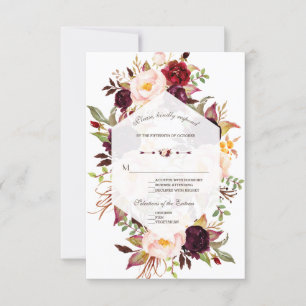 Navy Blue Burgundy Floral Geometric Wedding RSVP Card