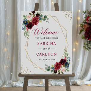 Navy Blue Burgundy Floral Geometric Wedding Sign