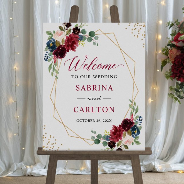Navy Blue Burgundy Floral Geometric Wedding Sign (Creator Uploaded)