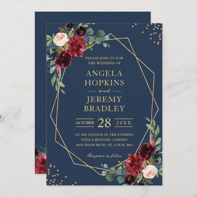 Navy Blue Burgundy Floral Gold Geometric Wedding Invitation (Front/Back)