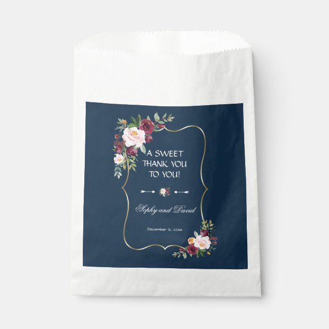 Navy Blue Burgundy Floral Gold Wedding THANK YOU Favour Bags (Front)