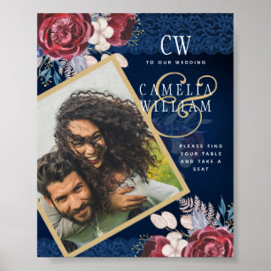 Navy Blue Burgundy Floral Lace Wedding Poster