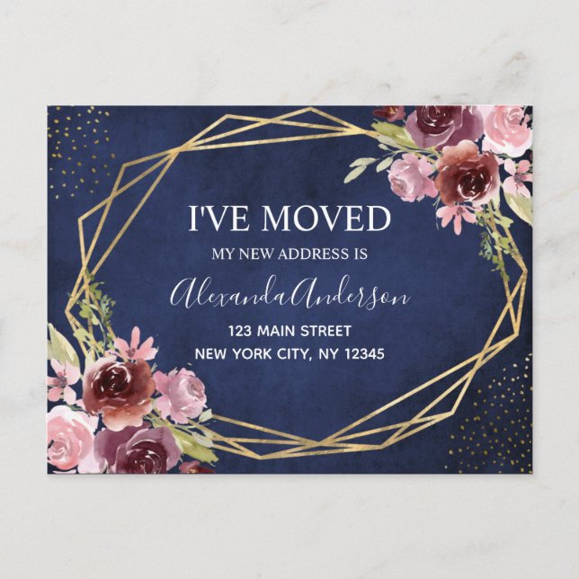 Navy Blue Burgundy Floral Moving Announcement (Front)
