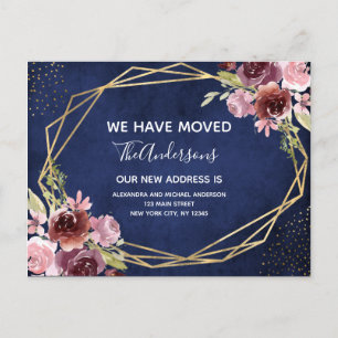 Navy Blue Burgundy Floral Moving Announcement