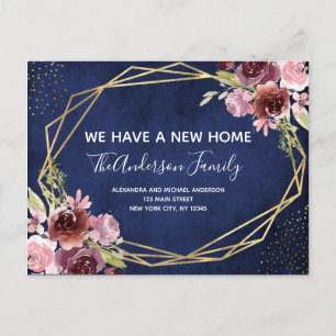 Navy Blue Burgundy Floral Moving Announcement Postcard