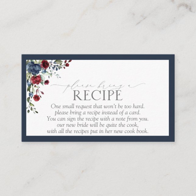 Navy Blue Burgundy Floral Please Bring A Recipe Enclosure Card (Front)