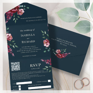 Navy Blue   Burgundy Floral   QR Code RSVP   All In One Invitation