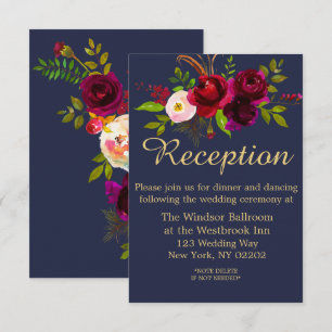 Navy Blue Burgundy Floral Script Wedding Invitation