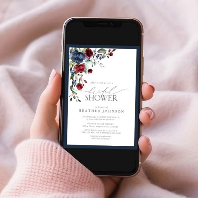 Navy Blue Burgundy Floral Watercolor Bridal Shower Invitation (Creator Uploaded)