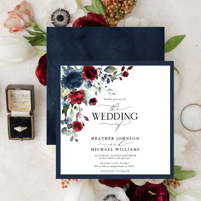 Navy Blue Burgundy Floral Watercolor Script Invitation (Creator Uploaded)