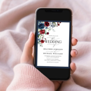 Navy Blue Burgundy Floral Watercolor Script Invitation