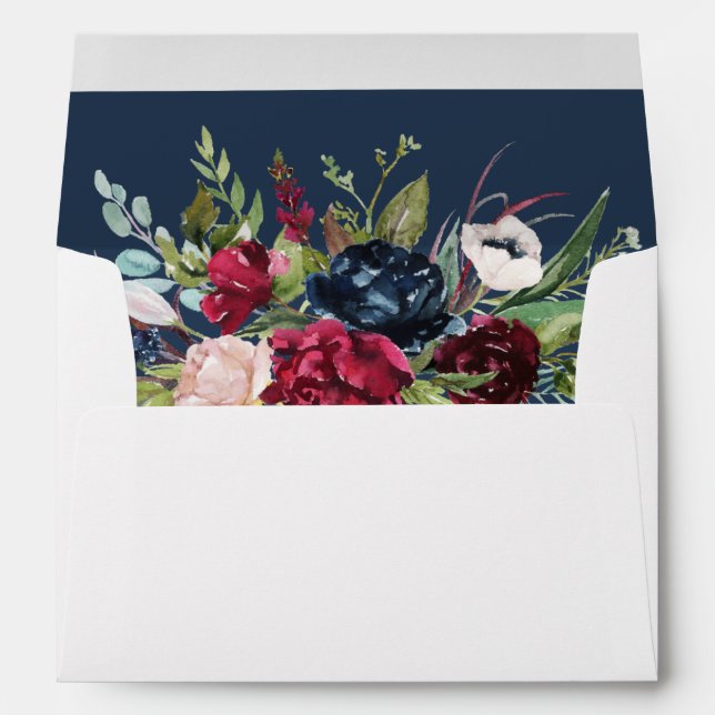 Navy Blue | Burgundy Floral Watercolor Wedding Envelope (Back (Bottom))
