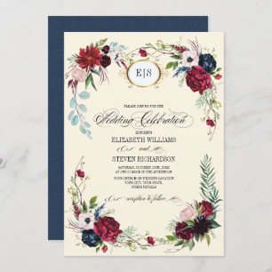 Navy Blue   Burgundy Floral Watercolor Wedding Invitation