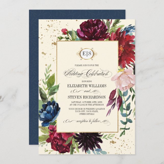 Navy Blue | Burgundy Floral Watercolor Wedding Invitation (Front/Back)
