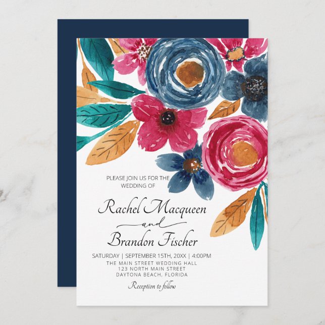 Navy Blue Burgundy Floral Watercolor Wedding Invitation (Front/Back)