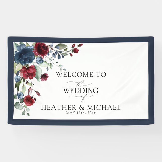 Navy Blue Burgundy Floral Watercolor Welcome Banner (Horizontal)