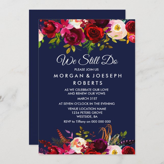 Navy Blue Burgundy Floral WE STILL DO vow renewal Invitation (Front/Back)