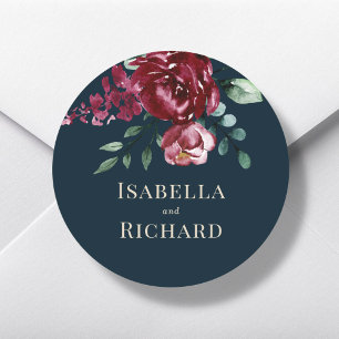 Navy Blue   Burgundy Floral Wedding  Classic Round Sticker