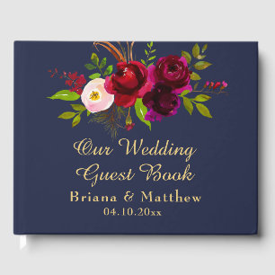 Navy Blue Burgundy Floral Wedding Guest Book