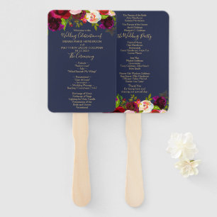Navy Blue Burgundy Floral Wedding Program Hand Fan