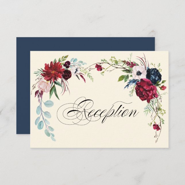Navy Blue | Burgundy Floral Wedding Reception Card (Front/Back)