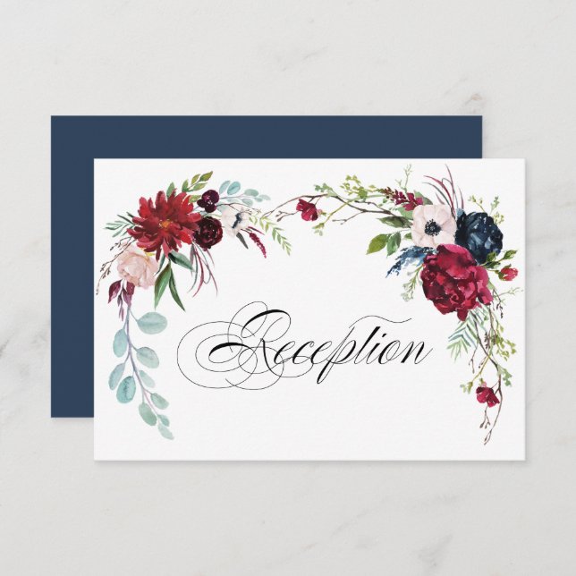 Navy Blue | Burgundy Floral Wedding Reception Invitation (Front/Back)