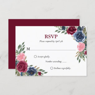 Navy Blue Burgundy Floral Wedding RSVP Cards