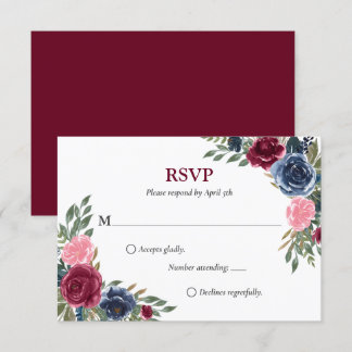 Navy Blue Burgundy Floral Wedding RSVP Cards
