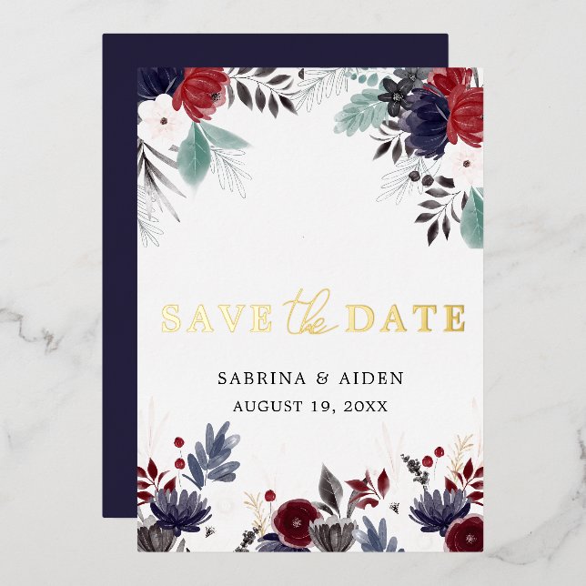 Navy Blue Burgundy Floral Wedding Save The Date (Front/Back)