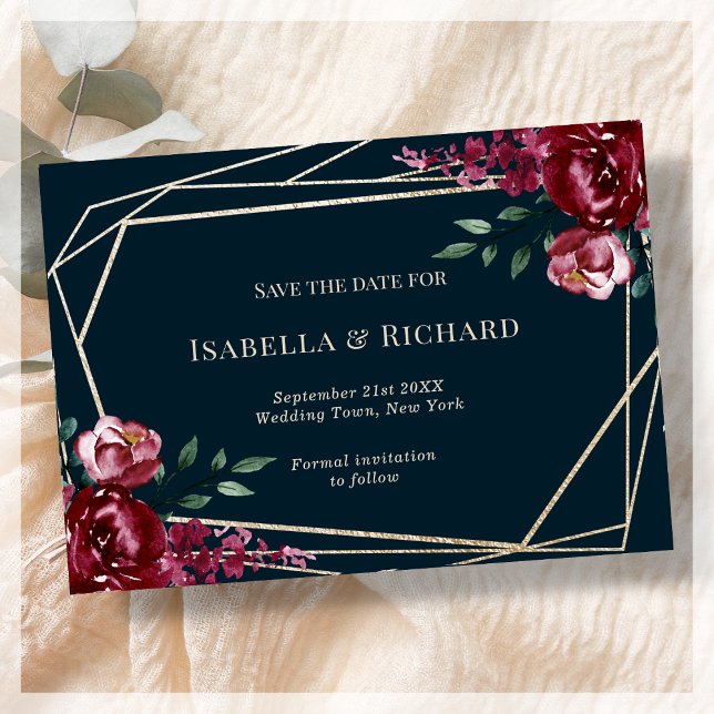 Navy Blue | Burgundy Floral Wedding Save The Date (Creator Uploaded)