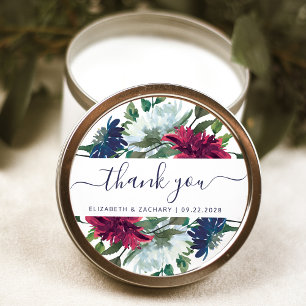 Navy Blue Burgundy Floral Wedding Thank You Classic Round Sticker