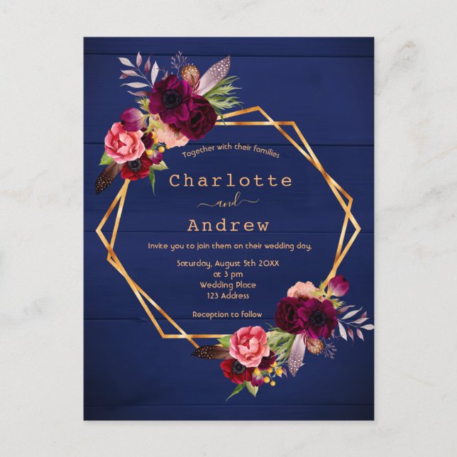 Navy blue burgundy florals wedding invitation postcard (Front)
