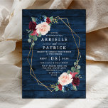 Navy Blue Burgundy Gold Blush Pink Country Wedding Invitation<br><div class="desc">Navy Blue Burgundy Gold Blush Pink Country Wedding Invitations - feature a dark navy blue barn or wood grain background decorated with a printed gold geometric frame that's trimmed with floral and greenery elements in shades of navy, pink, burgundy and more. View the matching collection on this page to find...</div>