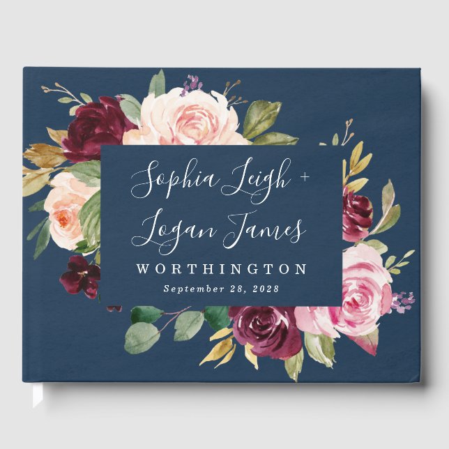 Navy Blue Burgundy Gold Blush Pink Floral Wedding Guest Book (Front)