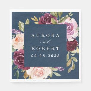 Navy Blue Burgundy Gold Blush Pink Floral Wedding Napkin