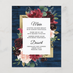 Navy Blue Burgundy Gold Blush Wedding Menu Cards