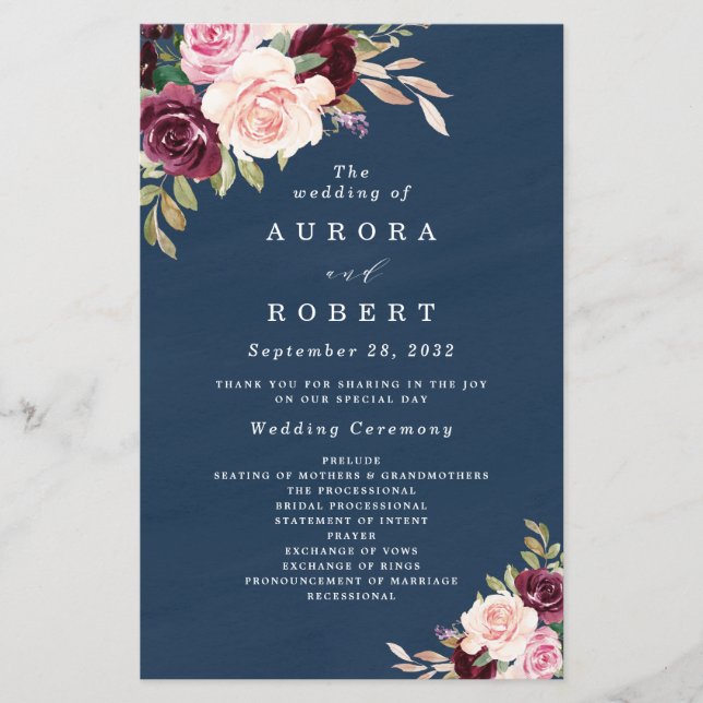 Navy Blue Burgundy Gold Blush Wedding Programs (Front)