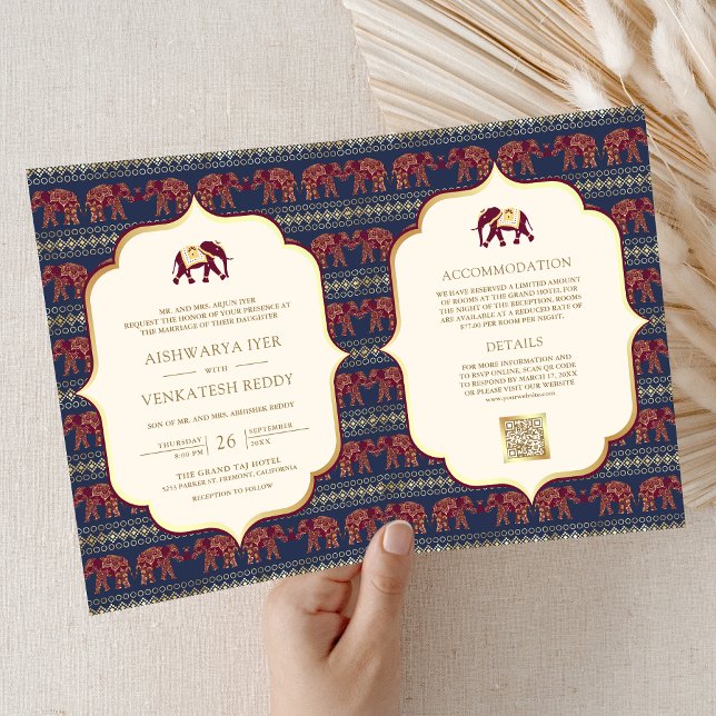 Navy Blue Burgundy Gold Elephant Indian Wedding Invitation (Creator Uploaded)