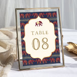 Navy Blue Burgundy Gold Elephant Indian Wedding Table Number<br><div class="desc">Amaze your guests with this elegant Indian wedding table number featuring a beautiful elephants pattern.</div>