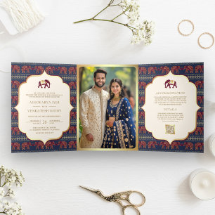 Navy Blue Burgundy Gold Elephant Indian Wedding Tri-Fold Invitation