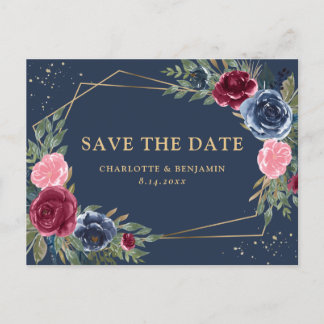 Navy Blue Burgundy Gold Floral Save The Date Announcement Postcard