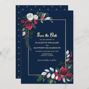 Navy Blue Burgundy Gold Floral Save the Date Invitation