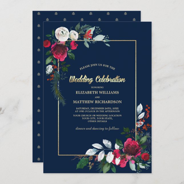 Navy Blue Burgundy Gold Floral Wedding Invitation (Front/Back)
